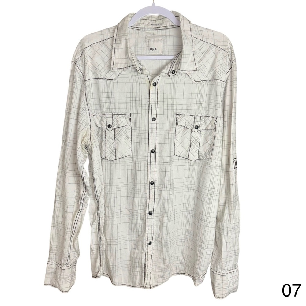 bke mens xl white abstract western collar long sleeve pockets pearl snap shirt